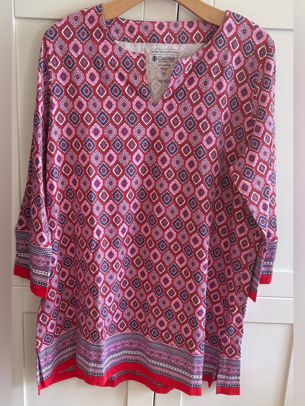 Coolibar Pink and Red Geometric V-Neck Tunic